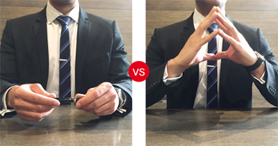 Fidgeting with hands, pen or object / Steeple hand gesture