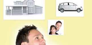 business man with personal goals on the wall: family - car and a house