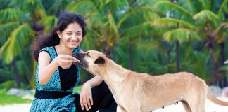 Woman feeding food to dog