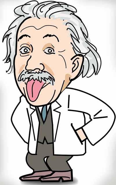 Cartoon of genius Einstein in his famous gesture of sticking his tongue out