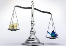 Conceptual 3d rendering of a silver brass scale with money and a butterfly