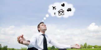 Authentic Spirituality in the Age of Decadence Man dreaming about material gains in meditation | Concept of authentic spirituality