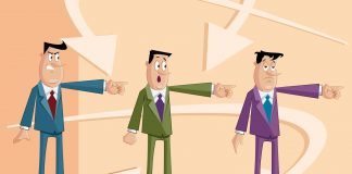 Want to Stay Happy? Stop Playing This Game! Illustration: businessman pointing finger, playing the blame game