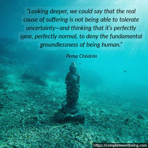 Looking deeper, we could say that the real cause of suffering is not being able to tolerate uncertainty—and thinking that it’s perfectly sane, perfectly normal, to deny the fundamental groundlessness of being human.” — Pema Chödrön
