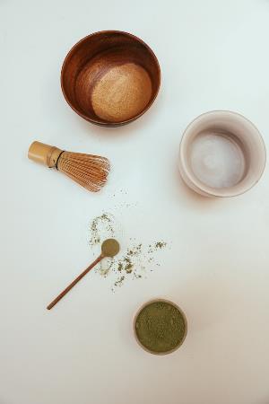 Wooden utensils and matcha powder